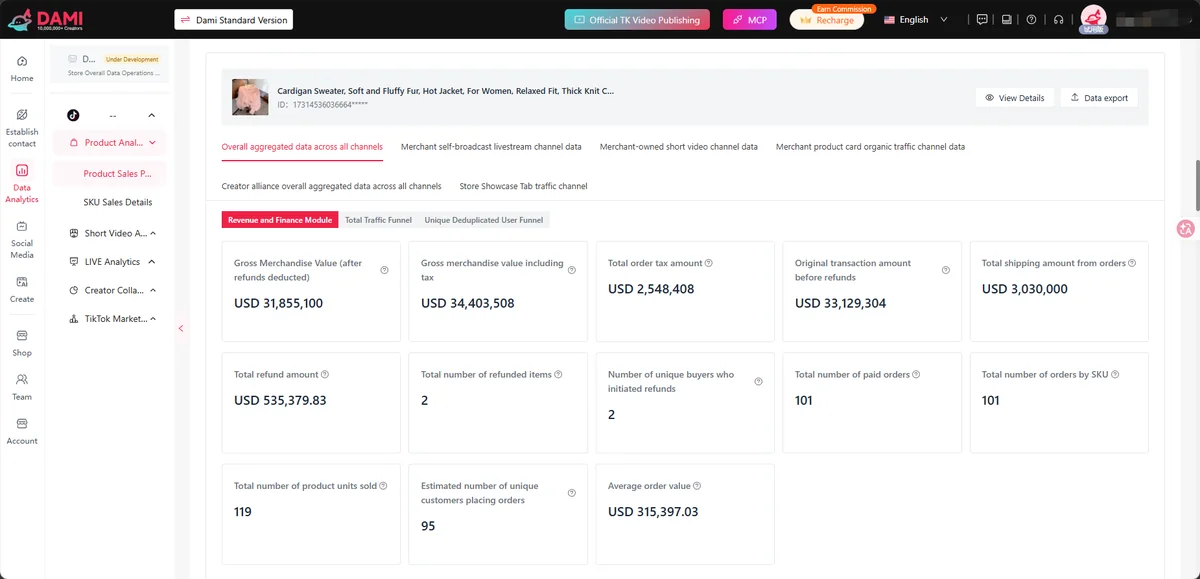 DAMI Creator Data - Historical GMV, category distribution, collaborated stores