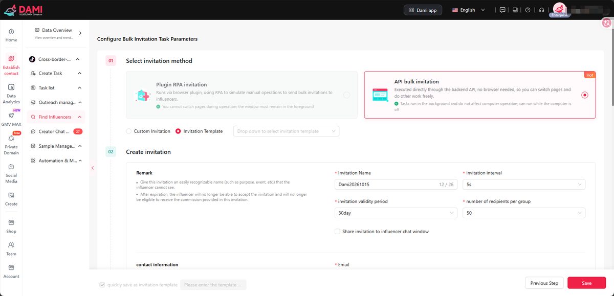 DAMI bulk invitation task parameters for fishing gear creator outreach