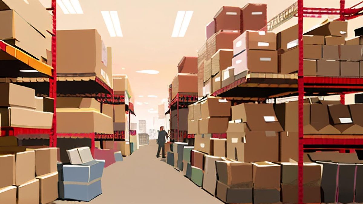Warehouse aisle lined with shelves stacked with packed boxes