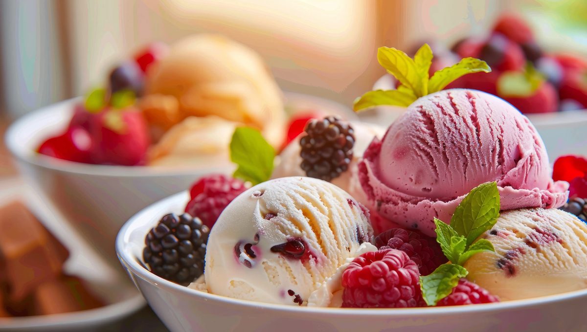Bowls of ice cream topped with fresh berries, a product that explains itself without a demonstration