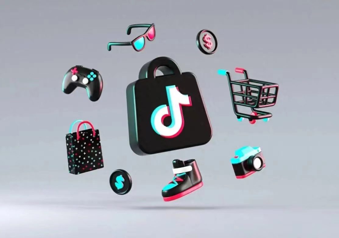 TikTok Shop logo surrounded by products from a factory catalog, from gadgets to sneakers